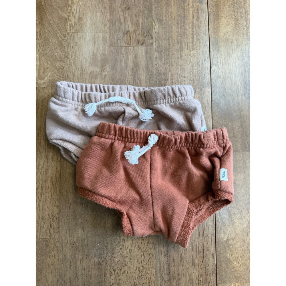 Easy Peasy Organic Cotton Baby Shorts Bundle 3-6M 6-9M Blue Tan Rust 3pc Set